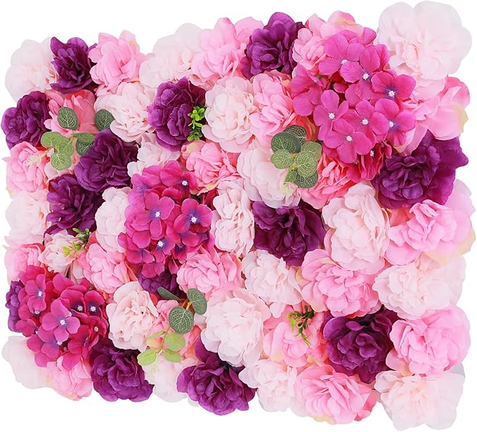 Flower Wall Backdrop 3D Wall Panels, 6Pcs Artificial Flower Wall Panel Silk Rose Floral Decorative Faux Flower Wall Background for Wedding Home Decoration (Pink, Purple,23.6 * 15.7in)