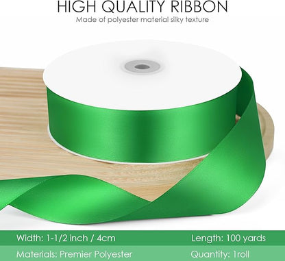 100 Yards 1-1/2 inch Satin Ribbon, Fabric Ribbon Solid Color Perfect for Gift Wrapping, Wedding, Handmade Bows, Floral Bouquets and Party Decoration(Green)