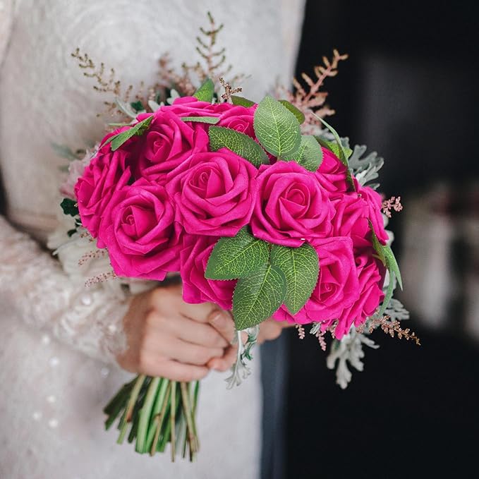100 Pieces Artificial Foam Rose Flowers Faux Bouquet with Leaves and Stems for DIY Wedding Bouquets Centerpieces Bridal Shower Party Valentine Home Decorations(Hot Pink)