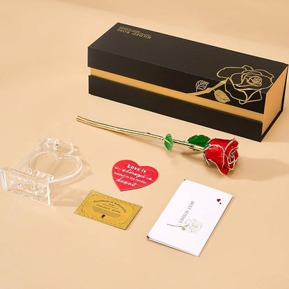 Mikasol Real 24K Gold Dipped Realistic Rose – Timeless Lifelike Bloom with Heart Puzzle Base – Romantic Red Flower Gift for Her, Wife, Girlfriend, Mom – Birthday, Anniversary, Mother’s Day (Red)
