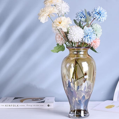 11.8" Tall Amber Gold Glass Vase Beautiful Hand Blown Glass Vase Modern Art Home Decor, Wide Mouth Colorful Vases for Mantle Dining Table Centerpiece, Entryway Living Room Wedding Decoration