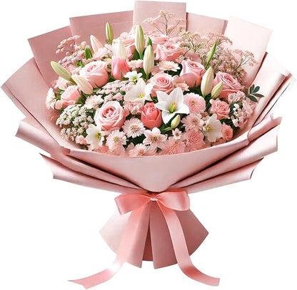 LeZakaa 20 Sheets Flower Wrapping Paper - Waterproof Reversible Floral Bouquet Paper - Pink Design for Valentine's Day, Mother's Day, Parties, Birthdays, Weddings, Baby Shower