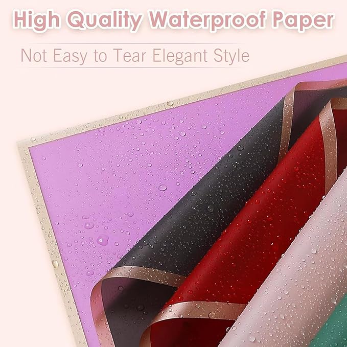 FF Sgdfc 300 Sheets Gold Edge Flower Wrapping Paper Waterproof Bouquet Packaging Paper Florist Bouquet Supplies for Wedding DIY Craft Gift Packing (30 Colors)