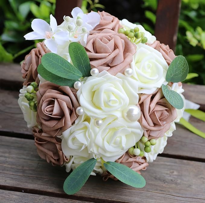 Lightweight Bridal Wedding Bouquet Round Holding Bouquet Throw Toss Artificial Rose Flower Bunch for Bride Bridesmaid Wedding Quinceanera (Cream & Rosy Brown, 7.9")
