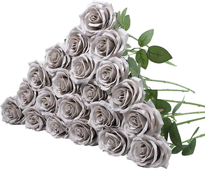 30pcs Artificial Rose Flower Grey Rose Flowers with Long Stem Silk Roses Bouquet for Wedding Bridal Shower Party Home Decoration