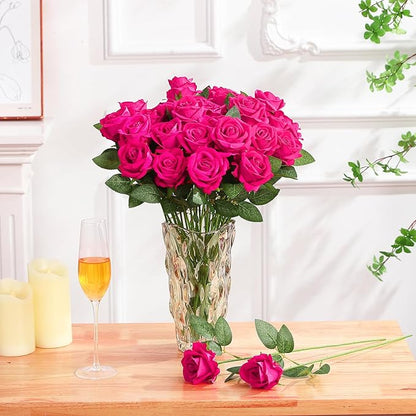 150 Pcs Roses Artificial Flowers, Silk Hot Pink Artificial Flowers Petals Long Stem Roses for Wedding Bouquet Home Party Decor