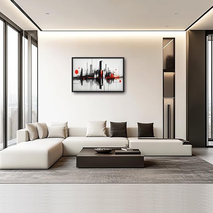 Black White Red City Wall Art City Skyline Pictures Wall Decor Large Abstract Canvas Prints Painting Framed Artwork Decoration Above Bed for Bedroom Living Room Gallery Office 36"x24"