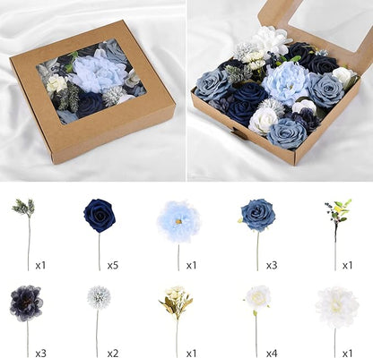 Jspupifip Dusty Blue Artificial Flowers Combo Box Set,Fake Silk Flowers Arrangement Bouquets with Stem Leaf for DIY Wedding Flower Centerpiece Wedding Centerpieces, Blue and White