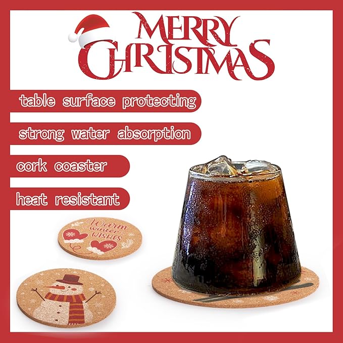 HANSGO 12PCS Christmas Cork Coasters, Cork Cup Mat Xmas Wooden Coasters for Drinks Xmas Party Home Kitchen Table