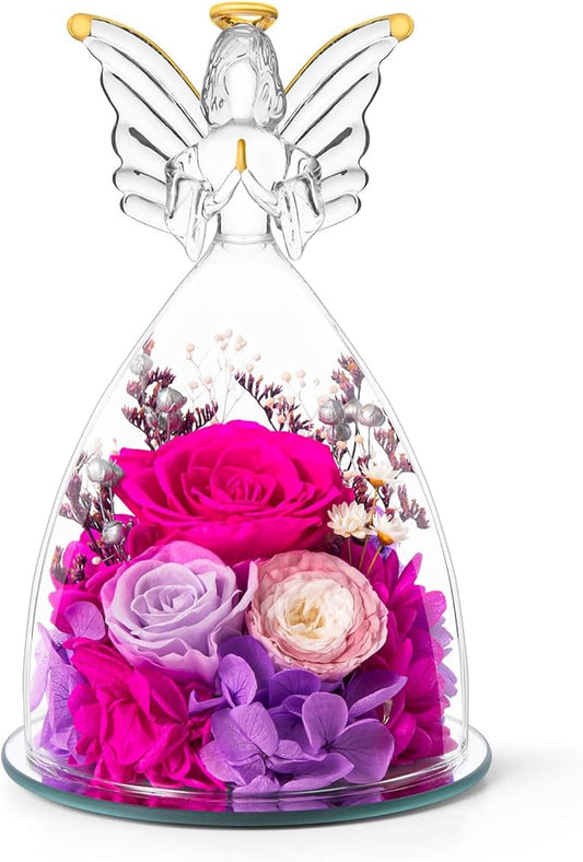RoseValley Angel Roses Gifts for Mom,Preserved Real Flowers Roses in Glass Angel Figurines,Christmas Birthday Gifts for Grandma Women Mom Wife Mother in Law/Rose