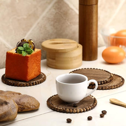 Honeydak 4 Pieces Wood Beaded Coasters 3.9 Inch Round Rustic Farmhouse Wooden Coasters for Drinks Decorative Table Top Wood Bar for Housewarming Home Kitchen(Dark Brown)