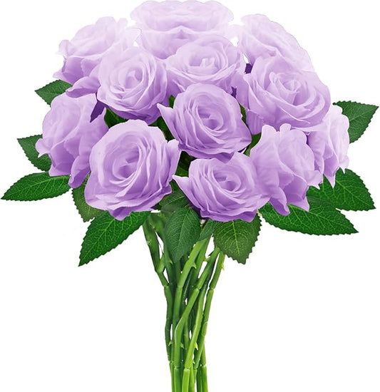 Purple Artificial Roses with Long Stems, 12Pcs Realistic Roses Artificial Flowers, Faux Roses | Bulk Fake Flowers for Home Decor, Wedding Party Table Centerpieces, DIY Bouquet
