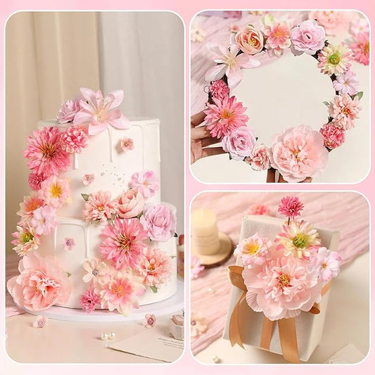 Artificial Flowers Heads Combo Pink Flowers Mix Silk Flowers Heads Faux Rose Bulk for Craft Garland Graduation Cap Wedding Bridal Baby Shower Home Party Decoration DIY Cake Decor
