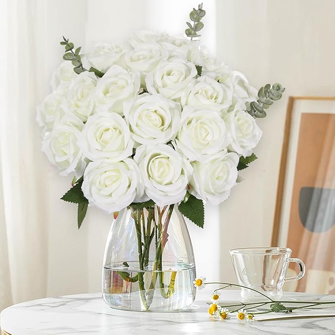 20PCS Artificial Roses with Long Stems - Realistic Silk Flowers, Fake Roses Real Touch Bouquet of Roses for Home Decor, Bridal Wedding Party Table Centerpieces, Bulk Faux Rose Flowers (White)