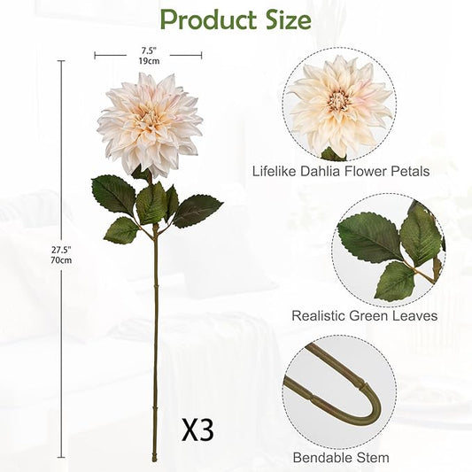 Hollyone 3Pcs White Artificial Dahlia Flowers Fall Fake Flower Silk Flowers with Long Stem 28" Floral Arrangements Bouquets Autumn Faux Dahlias Flowers for DIY Wedding Party Centerpieces Home Decor