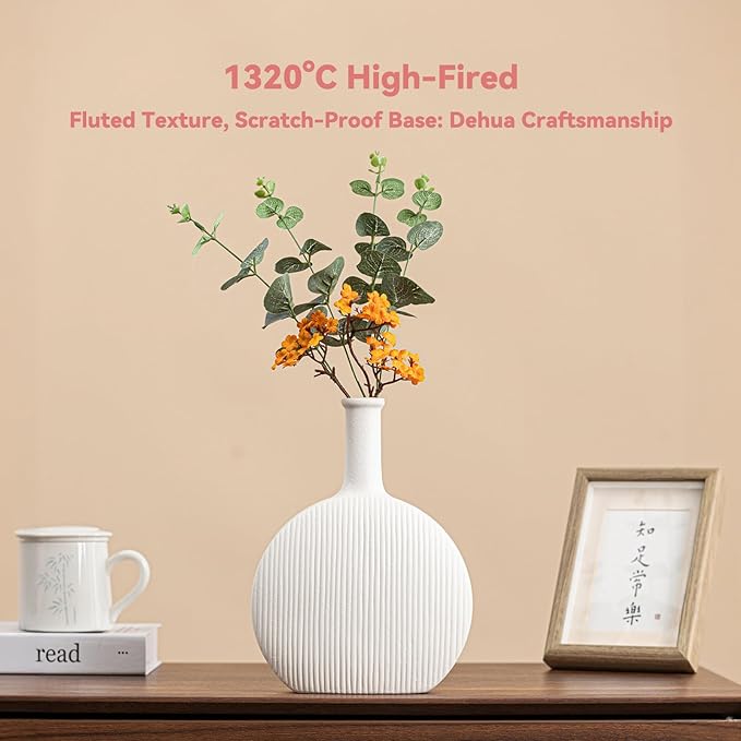 White Ceramic Vase with Vertical Fluted Texture - 9.8" Unique Flower Vase for Pampas Grass & Centerpieces, Decorative Boho/Farmhouse Vase for Living Room, Office Desk & Gift for Her/Yourself