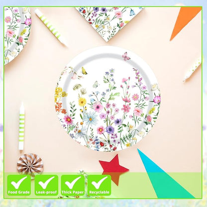 T-Antrix 40 Pcs Wildflower Plates And Napkins Party Supplies, Disposable Floral Wildflower Tableware Set for Spring Summer Picnic Wedding Birthday Tea Party Decoration Baby Shower Serves 20