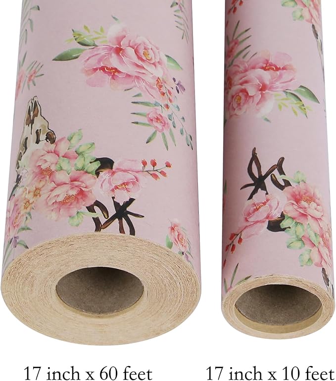 Aimyoo Pink Skull Floral Kraft Wrapping Paper Jumbo Roll, Gothic Gift Wrap Paper for Birthday Bridal Shower 17 in x 60 ft