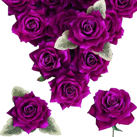 Artificial Roses Purple Silk Flowers 4.3" Purple Velvet Roses Artificial Flowers 16PCS Real Lookong Faux Flowers with Stems for DIY Wedding Party Baby Shower Home Decoration(Purple)