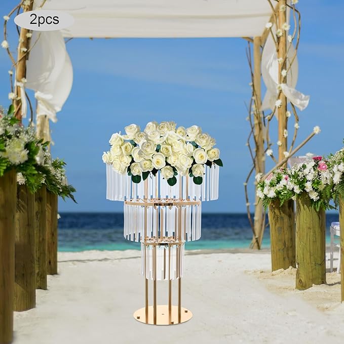 2PCS 3 Tiers Wedding Centerpieces Vase, 28.34” Tall Crystal Wedding Flower Stand, Round Chandelier Pedestal Stand for Wedding Road Lead T Stage Arrangement Decoration