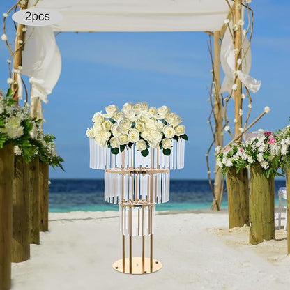 2PCS 3 Tiers Wedding Centerpieces Vase, 28.34” Tall Crystal Wedding Flower Stand, Round Chandelier Pedestal Stand for Wedding Road Lead T Stage Arrangement Decoration