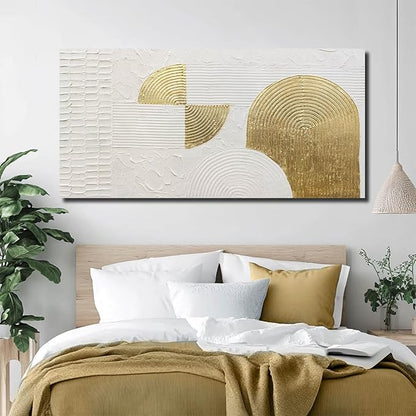VAYIMDH Large Canvas Wall Art for Living Room Gold Wall Decor White Paintings Abstract Pictures Hand Drawn Arts for Office Hotel 29"x58"