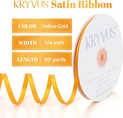 Yellow Gold Satin Ribbon, Double Faced 1/4 Inch X 50 Yards Yellow Gold Ribbon, Premium Satin Ribbon for Gift Wrapping, Crafts, Hair Bow Making, Sewing, Flower Bouquet, Wedding Party Decor
