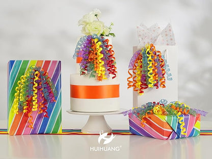 HUIHUANG Birthday Bows for Gift Wrapping 7" Rainbow Curly Gift Bows with Self Adhesive & Twist Tie Ribbon Bow for Presents Gift Basket Birthday Pride Month Party Favors - 6 Counts