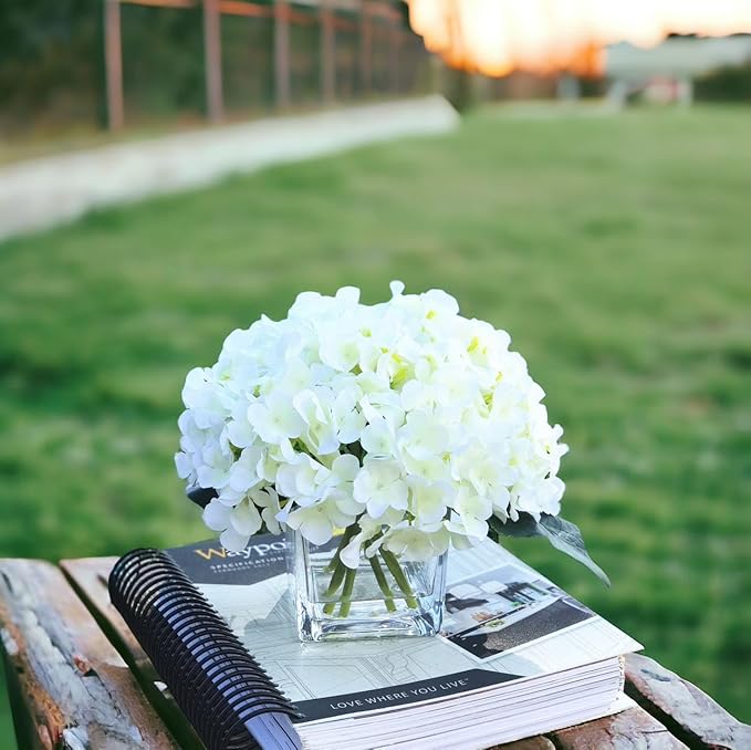 ENOVA HOME Artificial Hydrangea Silk Flowers Arrangements in Cube Glass Vase for Home Wedding