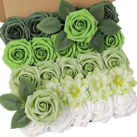 YYHUAWU Artificial Flowers Combo Box Set Forest Green Color Foam Fake Roses with Stems for DIY Wedding Bouquets Centerpieces Baby Shower Party Home Decorations