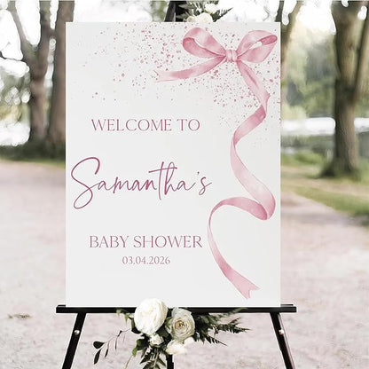 Personalized Pink Bow Baby Shower Welcome Sign, Custom Minimalist Bow Baby Girl Party Sign, Baby's Shower Gifts, Birthday Gifts, Gender Reveal Decorations, Newborn Announcement Party Supplies - 17