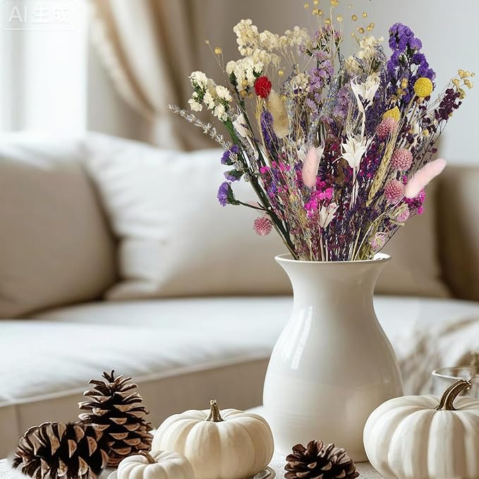 CISDUEO Dried Flowers Bouquet Dried Forget Me Not Natural Lavender Dried Flowers Bunny Tails Baby's Breath Flowers Wheat Stalks Floral Arrangements for Wedding Table Centerpiece Decor Farmhouse DIY