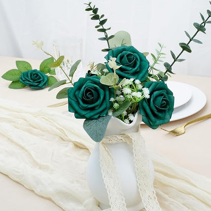 Artificial Flowers, 100pcs Hunter Green Artificial Rose for DIY Wedding Bouquets Centerpieces Arrangements, Fake Flower with Stem for Wedding Shower Party Tables Home Decorations