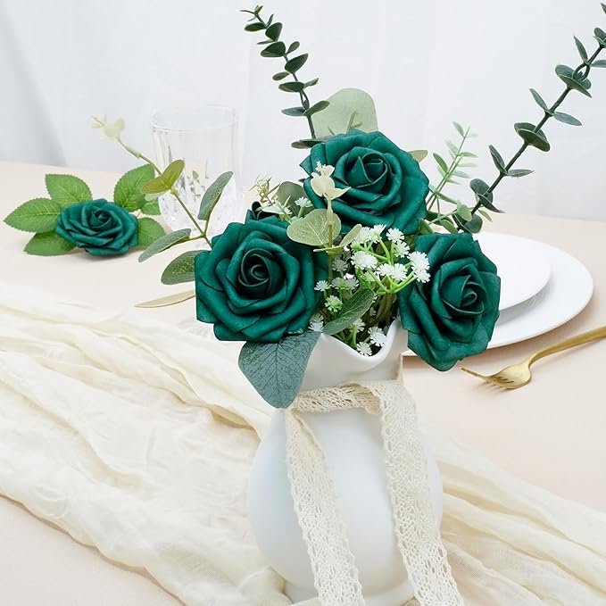 Artificial Flowers, 25pcs Hunter Green Artificial Rose for DIY Wedding Bouquets Centerpieces Arrangements, Fake Flower with Stem for Party