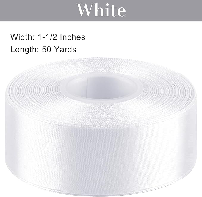 1-1/2 Inches 50 Yards White Satin Ribbon, Solid Fabric Ribbon Roll for Flower Bouquets, Gift Wrapping, Wedding, Handmade Crafts