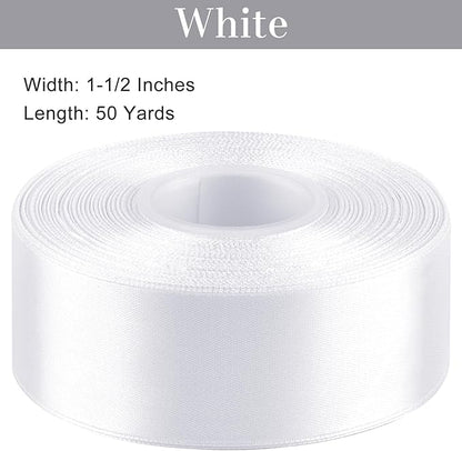 1-1/2 Inches 50 Yards White Satin Ribbon, Solid Fabric Ribbon Roll for Flower Bouquets, Gift Wrapping, Wedding, Handmade Crafts