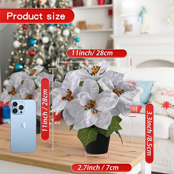 Poinsettias Flowers Artificial 2 Pack White Faux Christmas Poinsettia Plant Small 11 Inch Winter Flowers for Home Office Table Decorations Indoor Xmas Ornament