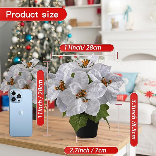 Poinsettias Flowers Artificial 2 Pack White Faux Christmas Poinsettia Plant Small 11 Inch Winter Flowers for Home Office Table Decorations Indoor Xmas Ornament