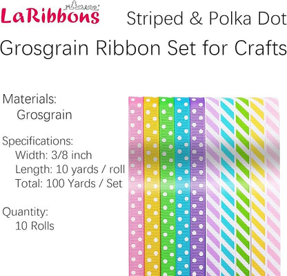 LaRibbons 3/8 Inch 100 Yards Grosgrain Ribbon Set 10 Yd/Roll 10 Rolls Striped and Polka Dot Spring Easter Craft Ribbon for Gift Wrapping Floral Bouquets Wedding Party Decoration