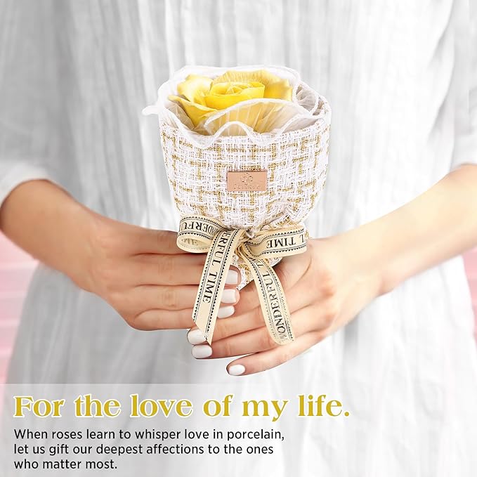 Eternal Love Ceramic Flower Bouquet - Handmade Yellow Ceramic Blossoms with Fragrance, The Perfect Luxury Gift Box for Her Anniversary/Birthday/Mother’s Day/Christmas, Includes Greeting Card
