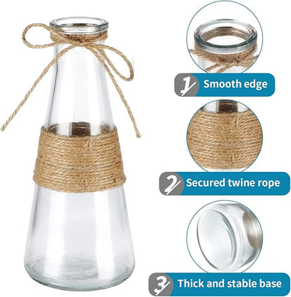 MDLUU Clear Glass Bud Vase in Bulk, 10Pcs Assorted Decorative Glass Bottles with Rope, Different Sizes Vintage Jar for Wedding Centerpiece, Party, Reception Table, Home Decor