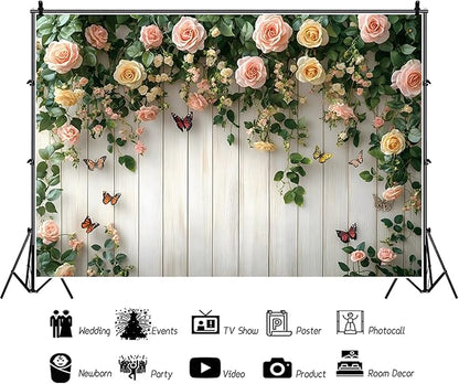 Baocicco 10x7ft Wooden Flower Backdrops for Photography Spring Botanical Green Leaf Butterfly Farmhouse Background for Engagement Bridal Shower Baby Shower Birthday Wedding Party Decoration Supplies