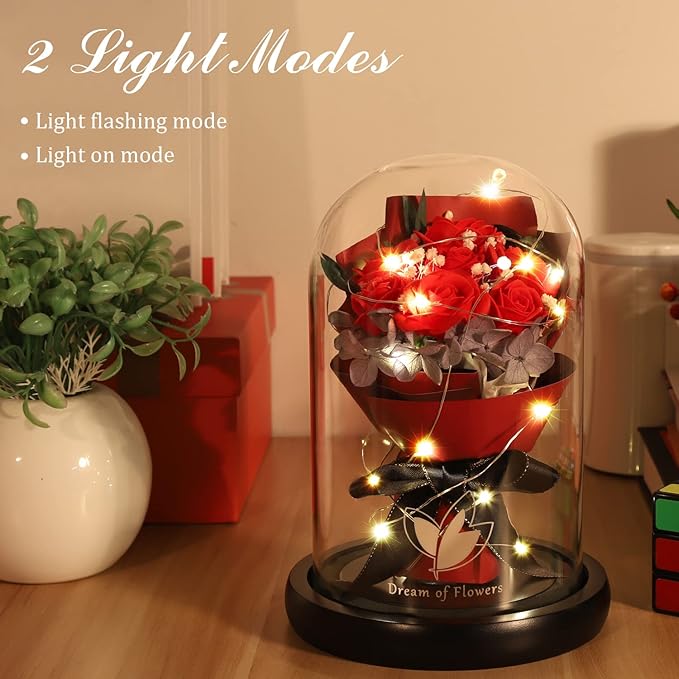 Christmas Rose Gifts for Women Birthday Gifts,Beauty and the Beast Rose in Glass Dome with 2 Light Modes, Enchanted rose Flower Roses Bouquets Christmas Women Gifts for Mom Wife Girlfriend Sister