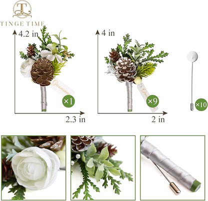 TINGE TIME Boutonniere for Men, Groom and Best Man Boutonniere for Wedding Ceremony Anniversary, Formal Dinner Party and Rustic Xmas Wedding Marriage (Christmas White)