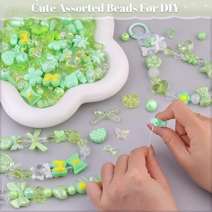 Assorted Acrylic Beads, 200-260PCS Green Cute Beads for Bracelet Making, GummyBear Bow Flower Candy Kawaii Charms for Jewelry Making DIY Necklace Keychain Phone Charm Christmas Gift