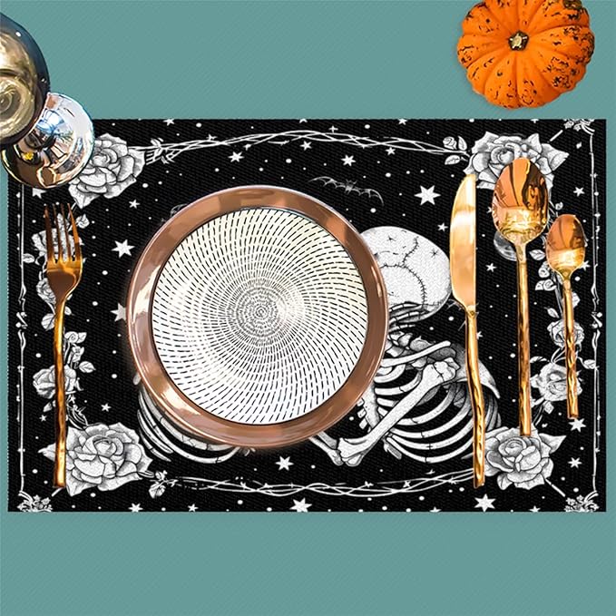 Halloween Skull Goth Flower Placemats Set of 1 PVC Vinyl Non Slip Table Mats Heat Resistant Place Mats Washable Wipeable Dining Table Mat for Kitchen Decor Party Indoor Outdoor Decorative Gift