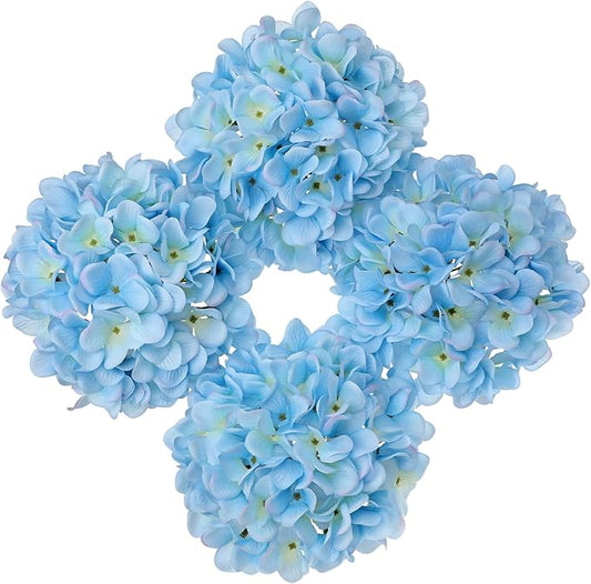 Hollyone Light Blue Silk Hydrangea Artificial Flowers Heads 7.4inch Large Fake Hydrangea 4Pcs Full Faux Flowers with Stems for Wedding Party Table Centerpieces Flower Arrangement Home Decor