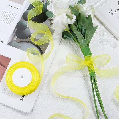 Yellow Ribbon for Gift Wrapping 1 inch Sheer Organza Ribbon for Flower Bouquet Tulle Thin Chiffon Ribbons for Wedding Invitations Presents Decorations Crafts 50 Yards