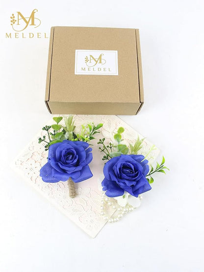 Meldel Boutonniere and Wrist Corsage for Wedding, Set of 2, Pearls Wristlet Corsage for Bride Bridesmaids, Boutonniere for Man Groom Best Man Wedding Flower Accessories Prom Ceremony Party Suit Decor
