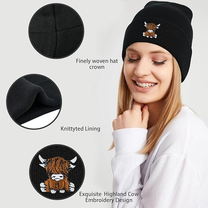 Scottish Highland Cow Beanie Hat, Cute Funny Cow Embroidery Winter Knit Skull Cap for Adult Men Women